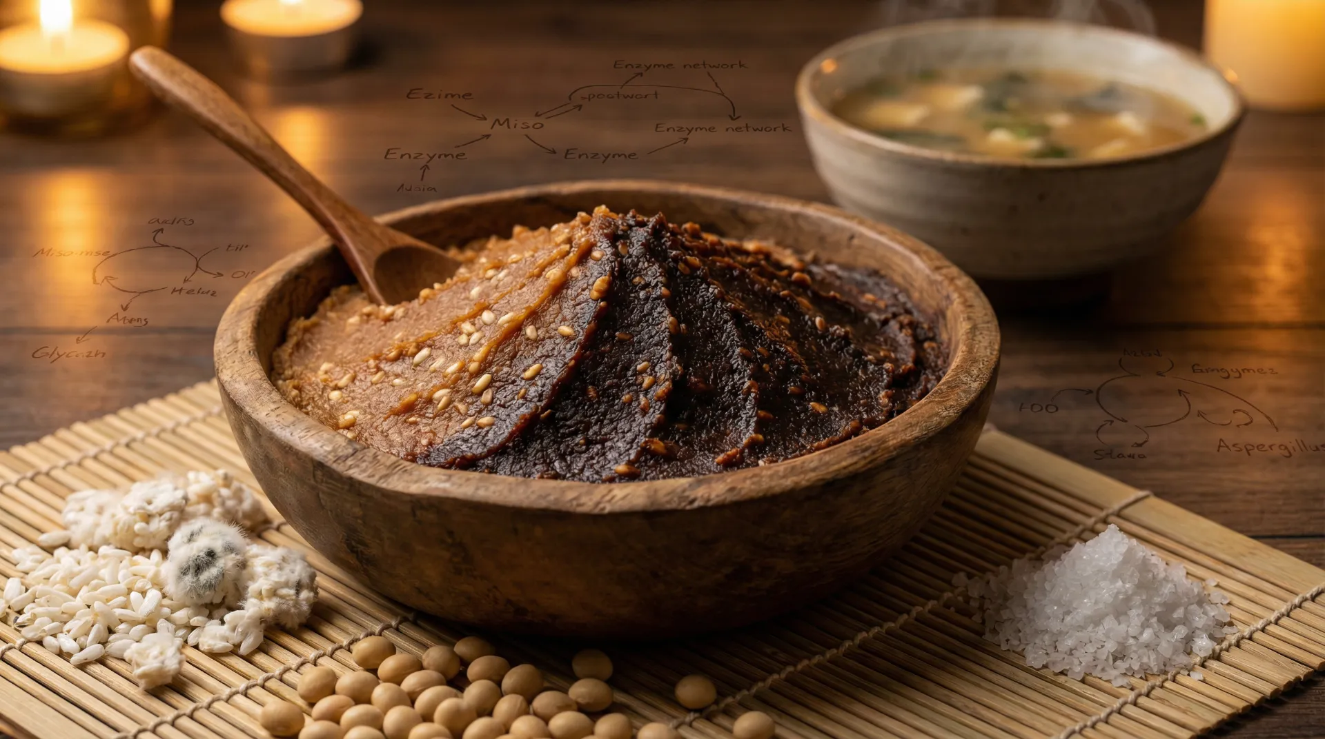 Miso paste in wooden bowl with koji