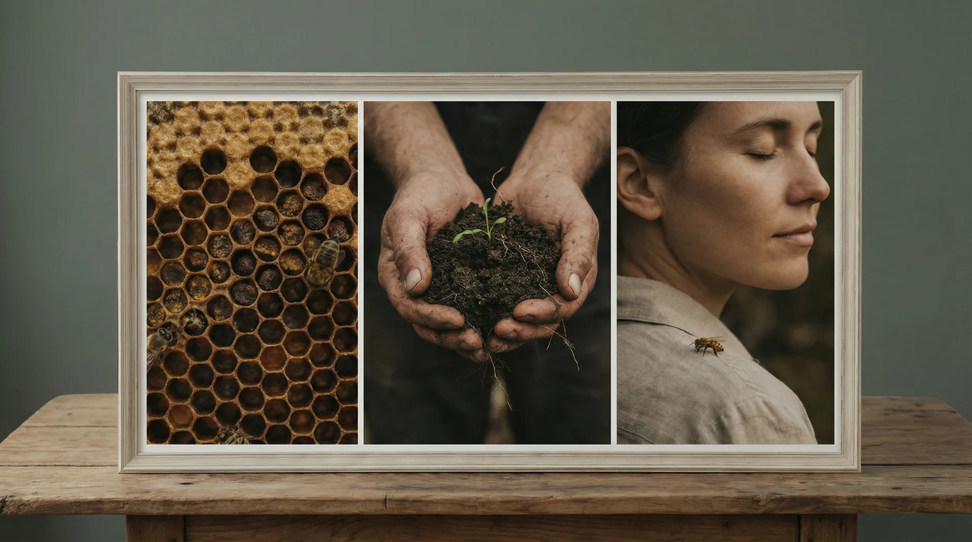Triptych showing honeycomb with bees, hands holding soil with a seedling, and a woman in peaceful communion with a bee on her shoulder