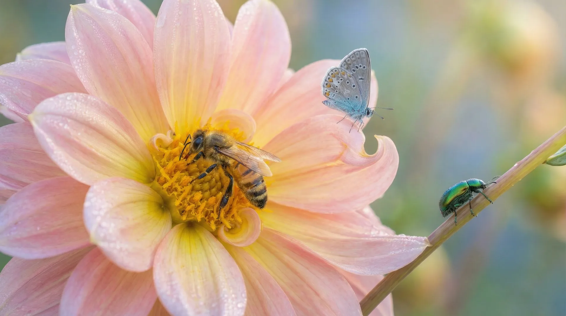 A honeybee, butterfly, and iridescent beetle sharing a dewy pink dahlia flower in morning light