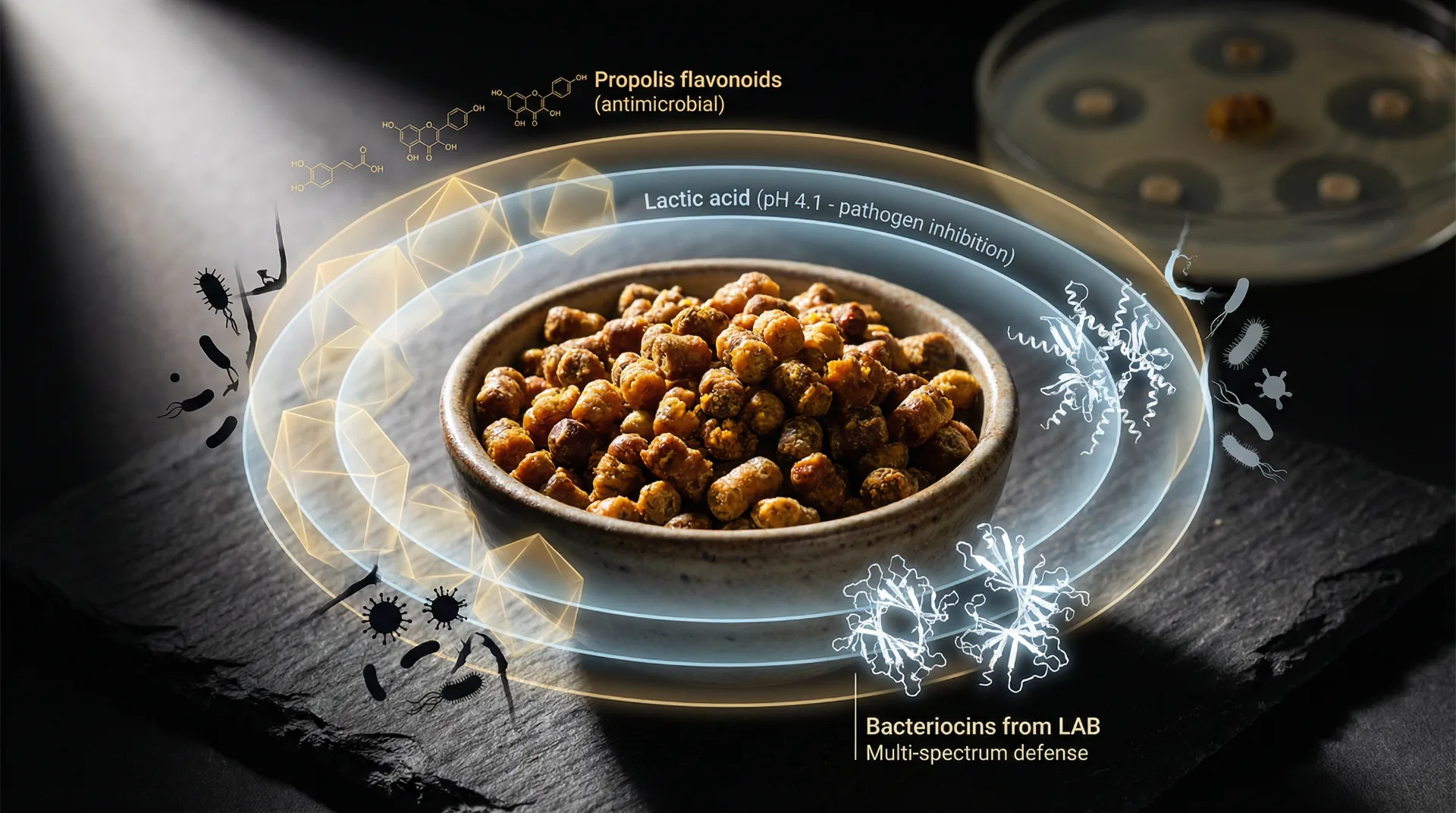 Bee bread with propolis flavonoids and lactic acid creating antimicrobial defense