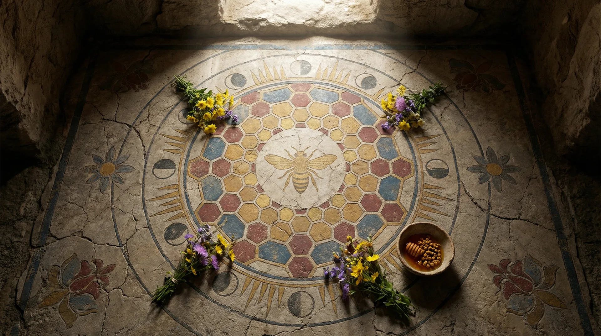 Ancient temple floor with sacred bee mosaic, moon phases, and honey offering