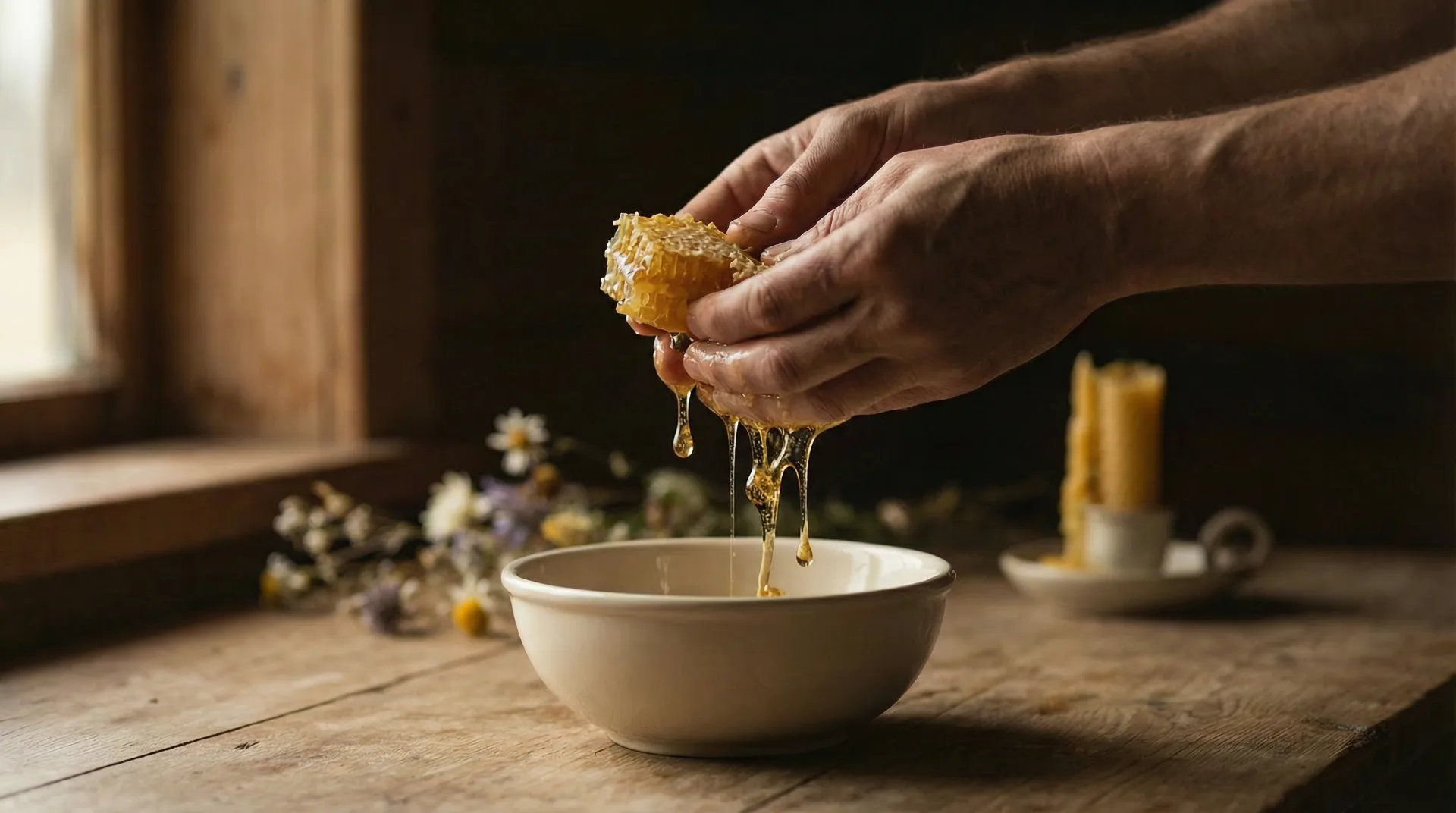 Hands reverently holding dripping honeycomb over a bowl, surrounded by wildflowers