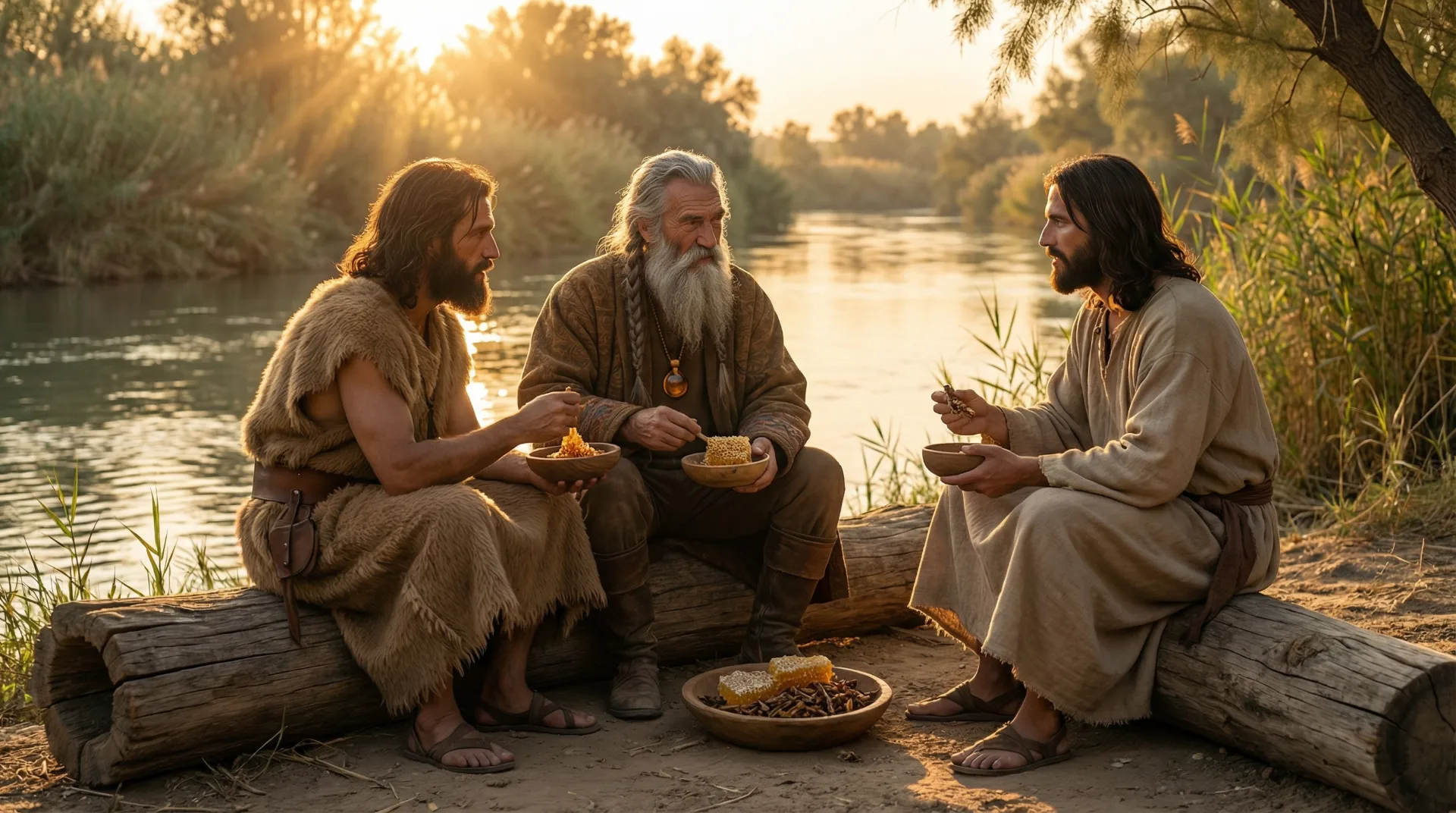 Three men in traditional robes sharing a sacred meal of honeycomb by the riverside
